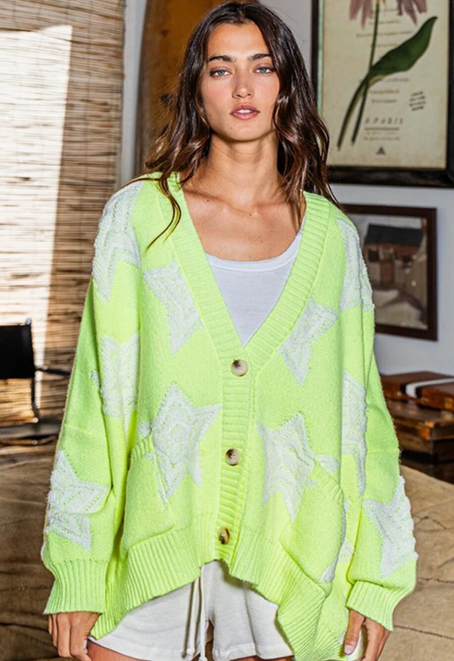 Bucketlist Oversized Star Pattern Button Front Cardigan Lime Yellow M NWT